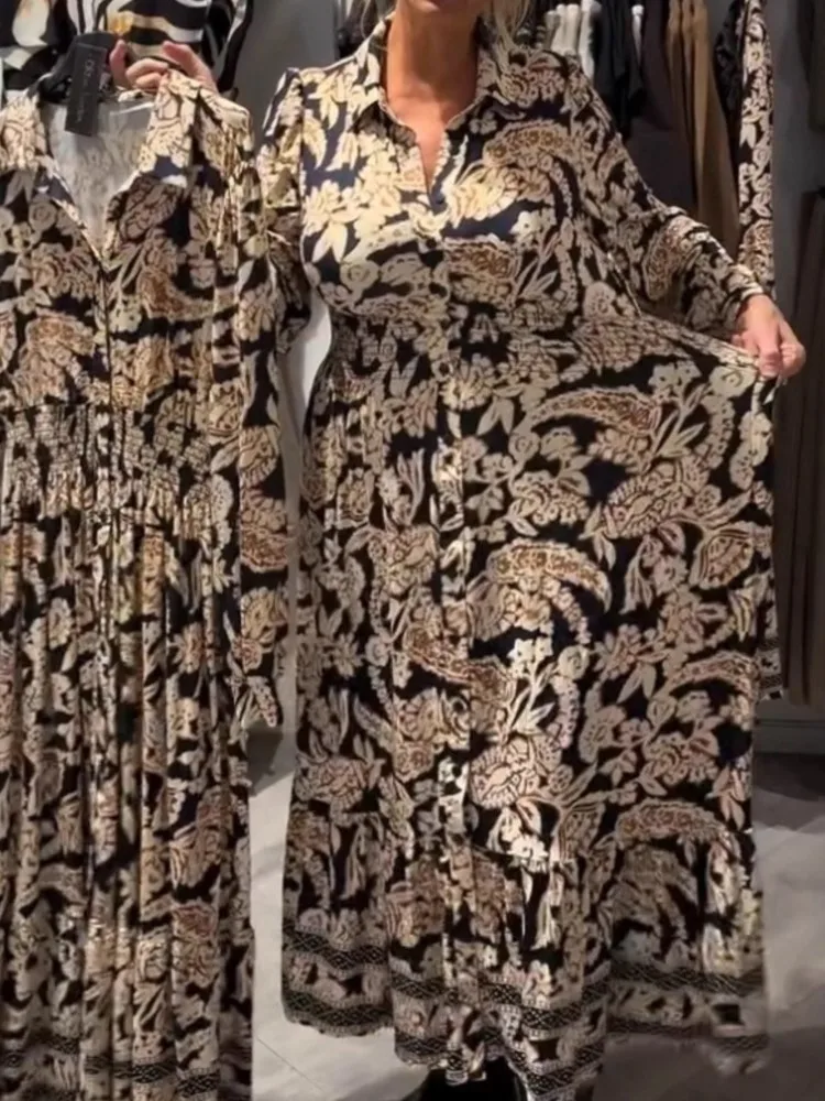 Robe ample imprimée pour femmes, mode, manches longues, col rabattu, boutons, décontractée, vacances, vêtements pour femmes, nouvelle collection printemps