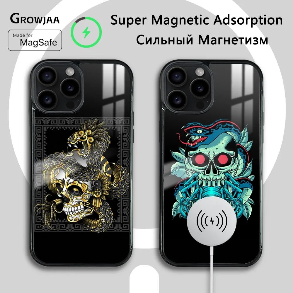 

Fashion Cool Snake Skull Phone Case For iPhone 16 15 14 13 12 11 Pro Max Plus Mini New Magsafe Mirror Wireless Magnetic Cover