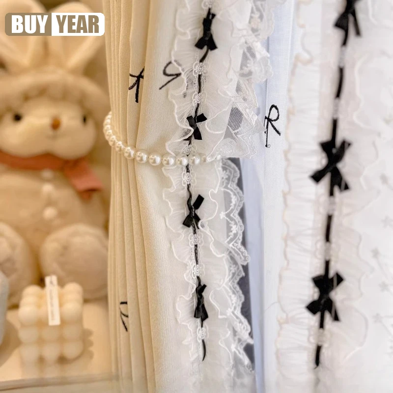

Custom Size Lolita Bow French Cream Embroidery Blackout Lace Curtains for Living Dining Room Bedroom Fashion Decor Modern