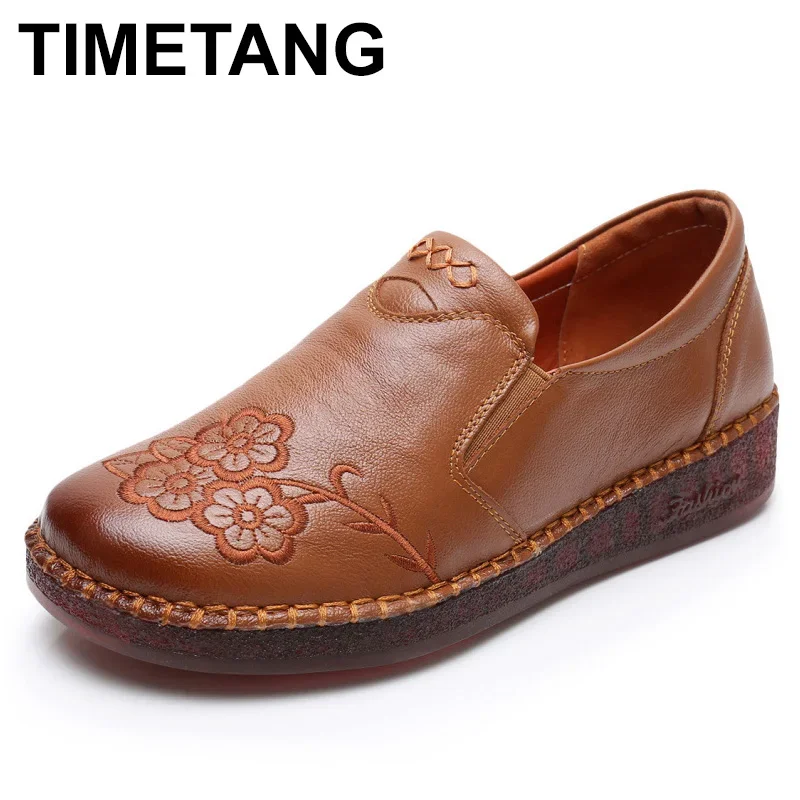 TIMETANG High Quality Retro Fancy Pattern Genuine Leather Round Toe Slip On Flat Shoes Soft Sole Sports Shoes Woman FlatsE815