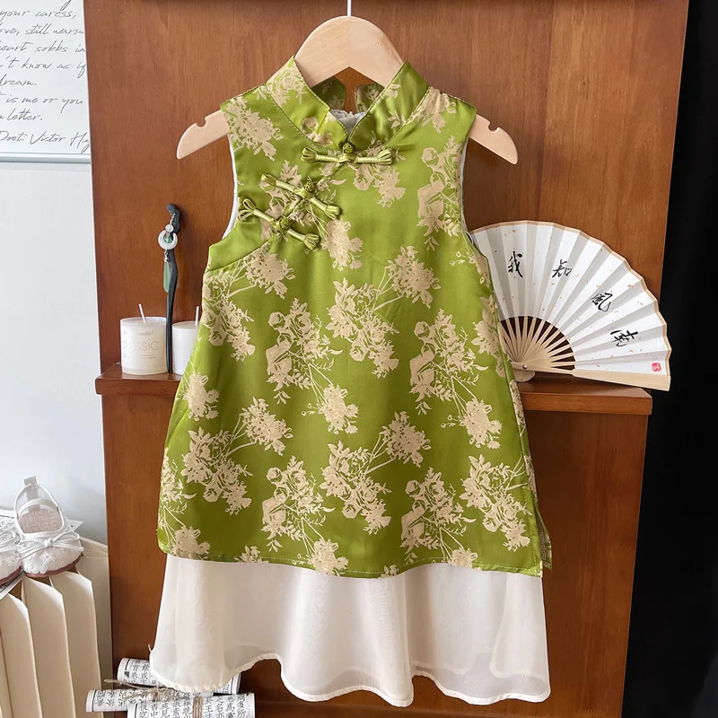 2024New Thin Girl's Improved Cheongsam Dress Summer New Chinese Style Little Girl Chinese Style Sleeveless Dress Fashion