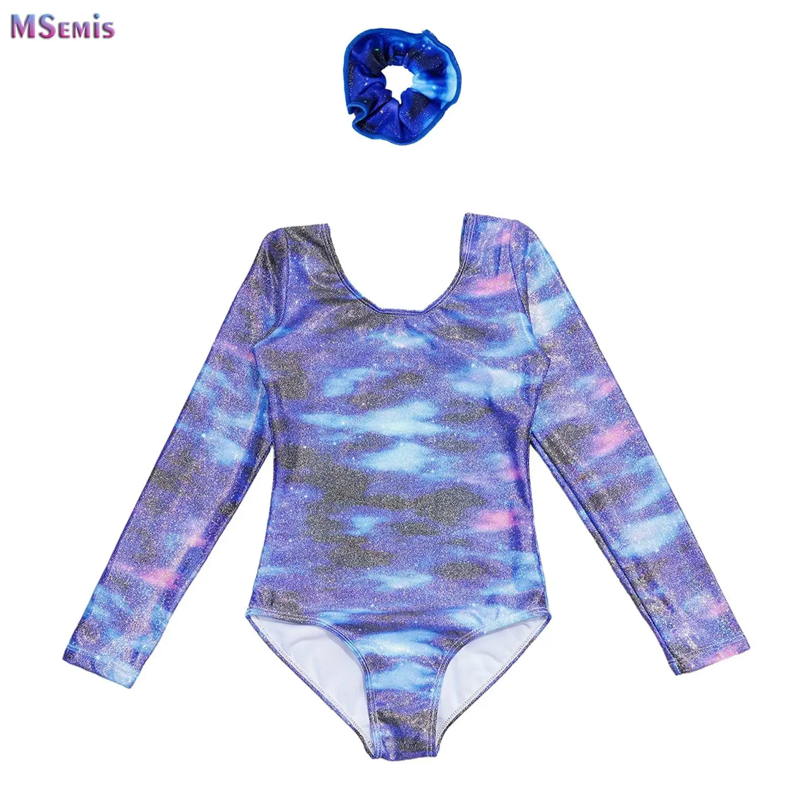 Kids Girls Gymnastics Outfit Long-sleeve Shimmery Printed Leotard with Skirts/Hairband Ballet Dance Training Performance Clothes