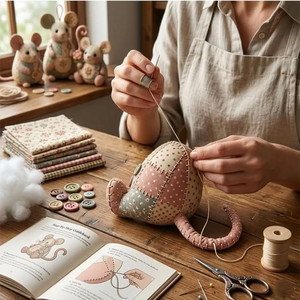 Handmade Patchwork Mouse Kit Step by Step Guide Pre Cut Fabric Patchwork Sewing Craft Set Buttons Included Stuffing Included