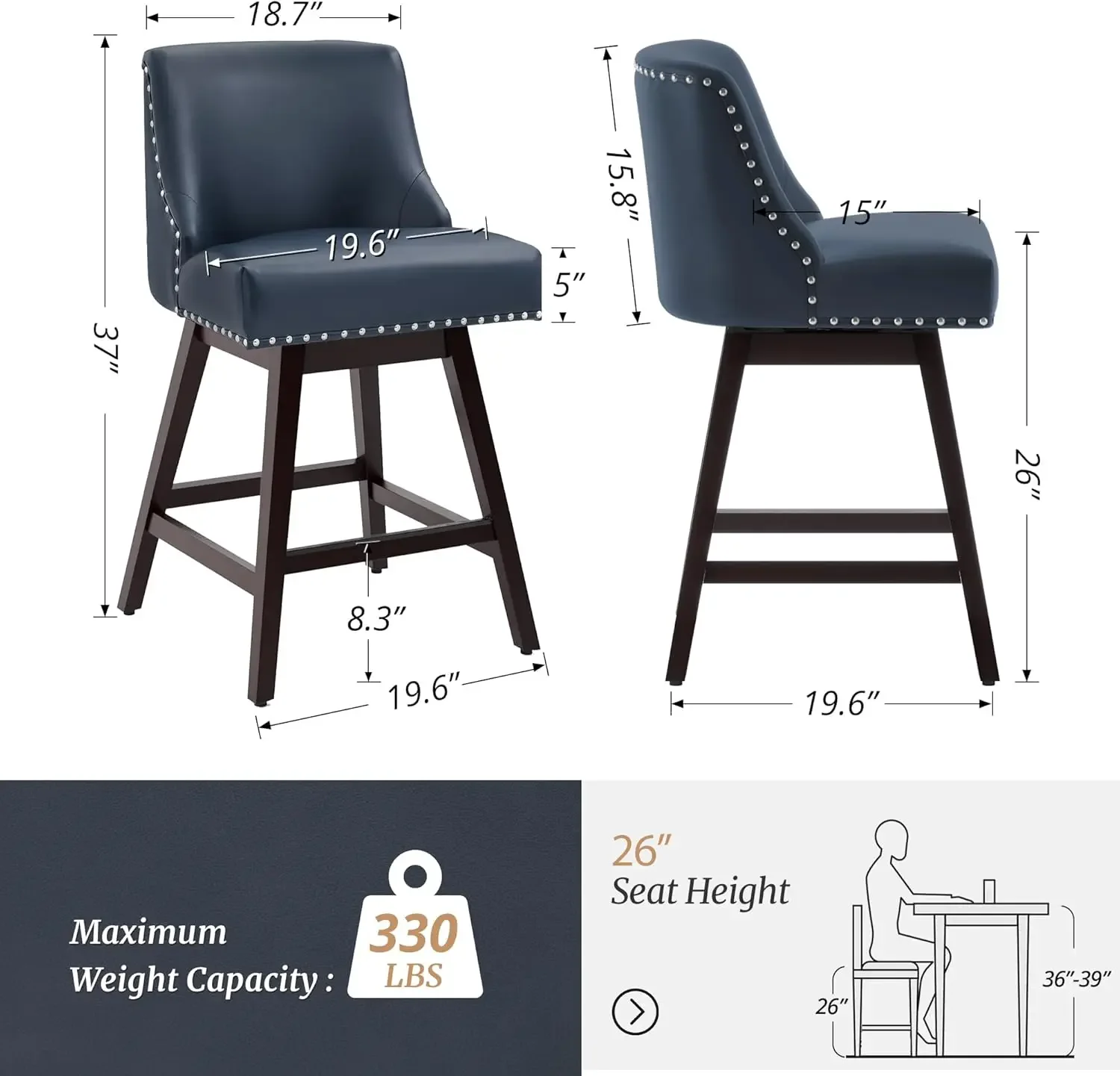 26 inch barkrukken set van 3, marineblauwe draaibare tegenkrukken, kunstleer gestoffeerde barkrukken, keukeneiland, eetkamer, pub