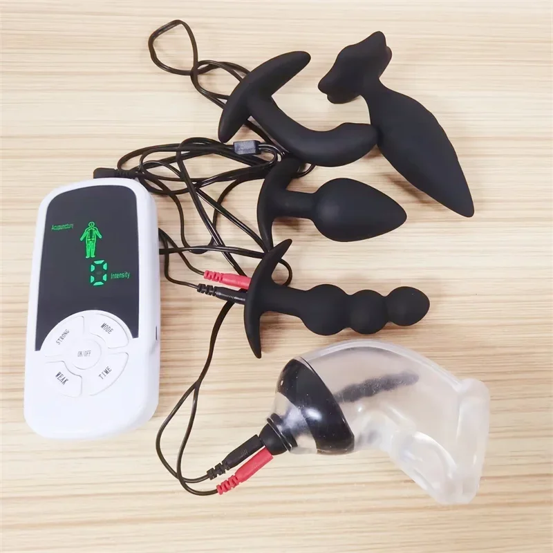 6 Modes Electric Shock Soft Cock Cage Glans Trainer Penis Massage Silicone Anal Beads Butt Plug Sex Toys for Men Masturbation