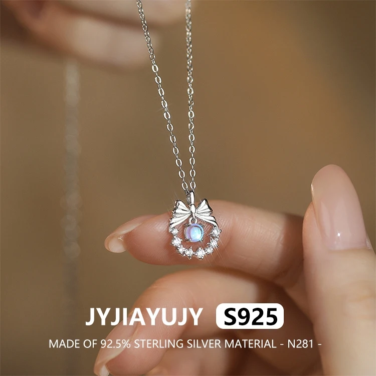 

JYJIAYUJY 100% Whole Original Sterling Silver S925 Pendant Necklace Bow Inlaid With Moonstones For Woman Jewelry Gift Use N281