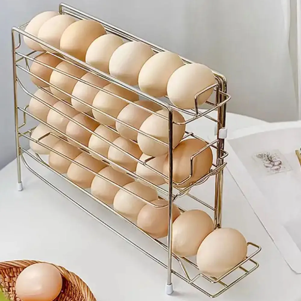 30 Grids Refrigerator Metal Egg Storage Box Plastic Space Saving Automatic Scrolling Egg Holder Large Capacity Dedicated