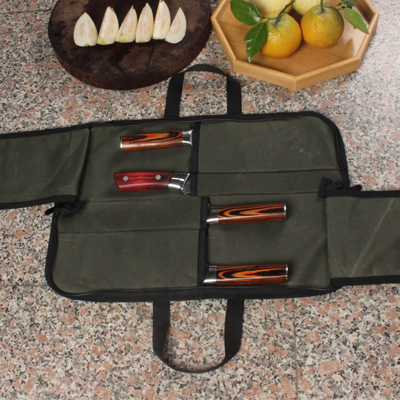 Professional Chef Knife Storage Bag Canvas Durable With 2 Tableware Pocket Portable Outdoor Japanese Slicer Knife Carry Case