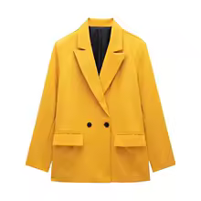 Work Clothes for Women Double Breasted Blazer Office Jacket with Pockets - Yellow