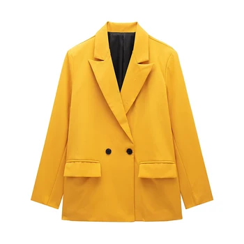 Women's Double-Breasted Blazer with Pockets 5 Willshela Women Fashion With Pockets Solid Double Breasted Blazer Vintage Long Sleeves Notched Neck Female Office Lady Outfits 5