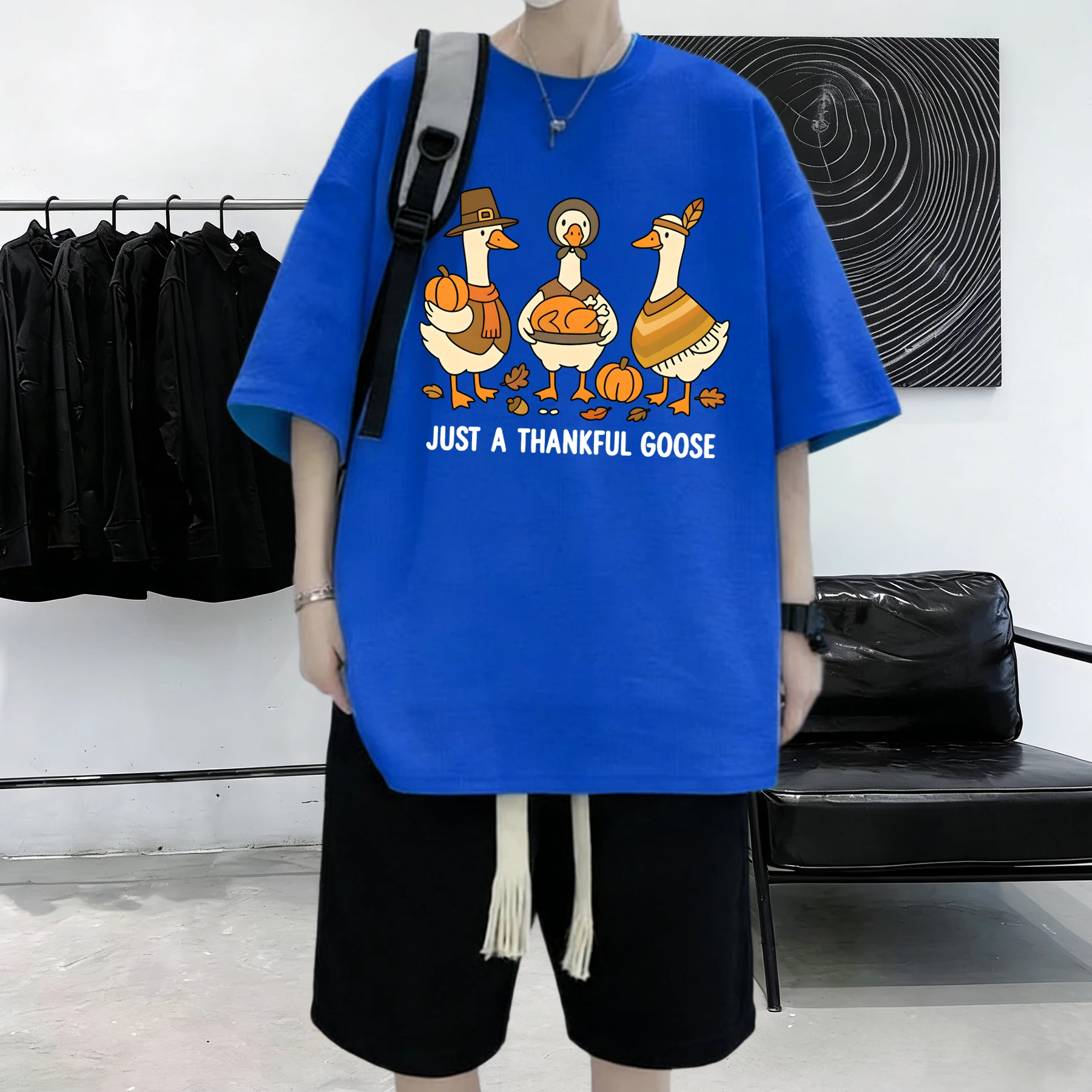 Just A Thankful Goose Printed S-3Xl Loose Tops Cotton Soft Summer Clothes Men Daily T-Shirt Breathable Korean Short Sleeve