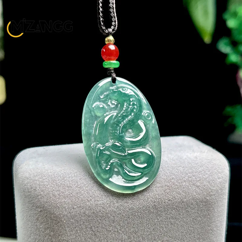 

Natural Jadeite Blue Water Zodiac Snake Pendant Hand-carved Exquisite Luxury Jewelry Necklace for Men and Women Mascot