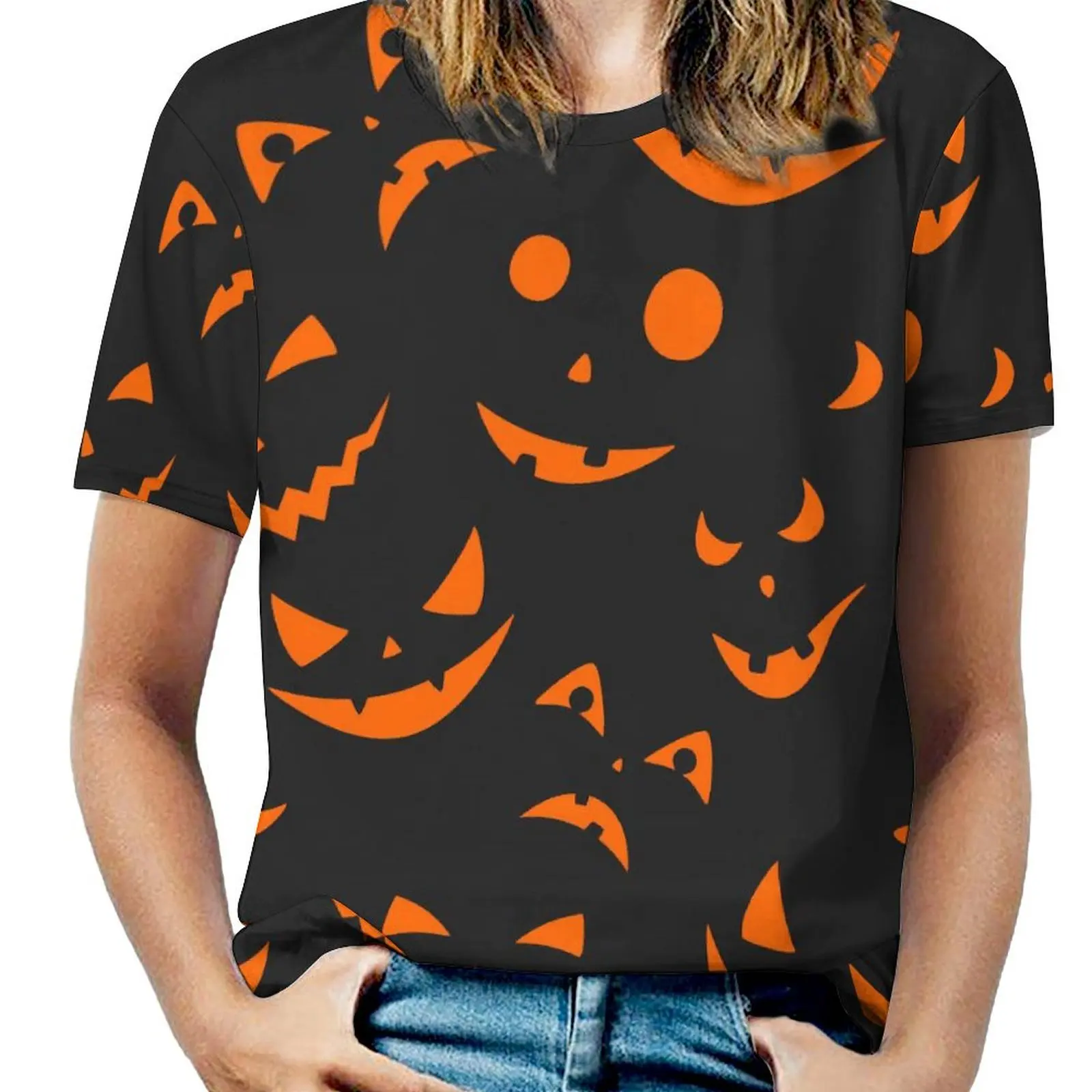 Woman T-Shirt Happy Haunts O Neck T-Shirts Short Sleeve Halloween Pumpkins Aesthetic Printed Tops Casual Tees Large Size