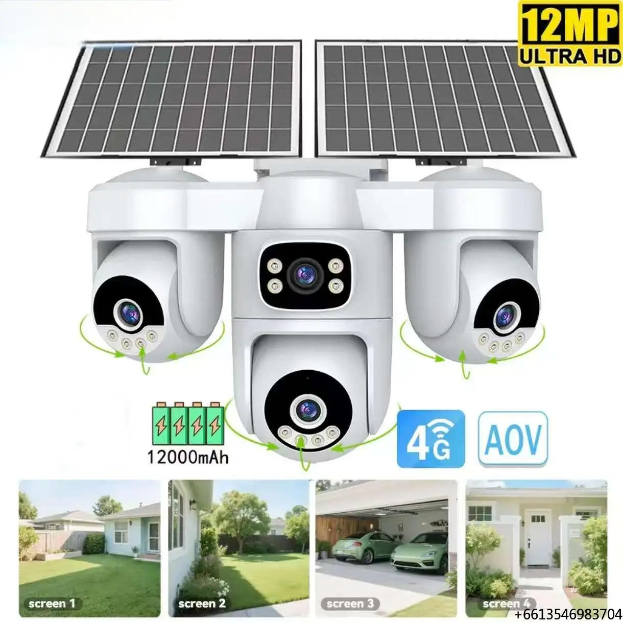 

12MP 4G SIM Solar PTZ Camera 12000mAh Four Lens Safety Two-Way Audio AOV Six Motor Solar Power Supply IP66 Waterproof