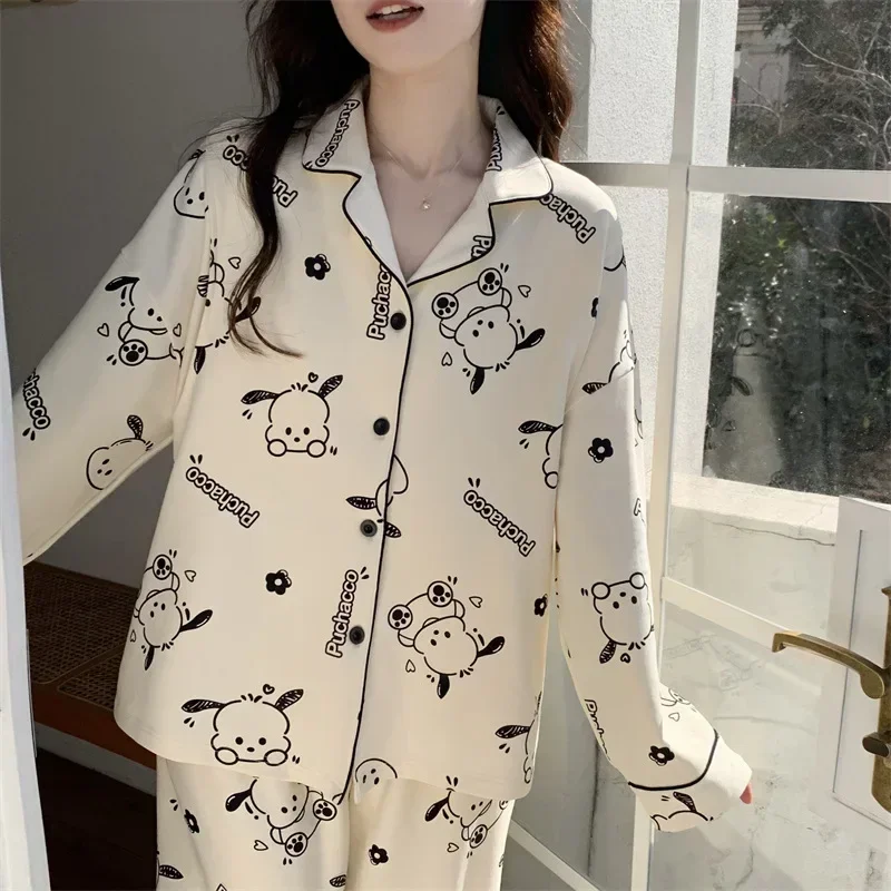 Sanrio Pacha Dog Silk Pajamas Women's Autumn Cotton Long Sleeve Pants Two-piece Set Casual Women's Pajamas Set Pajamas Pants Set