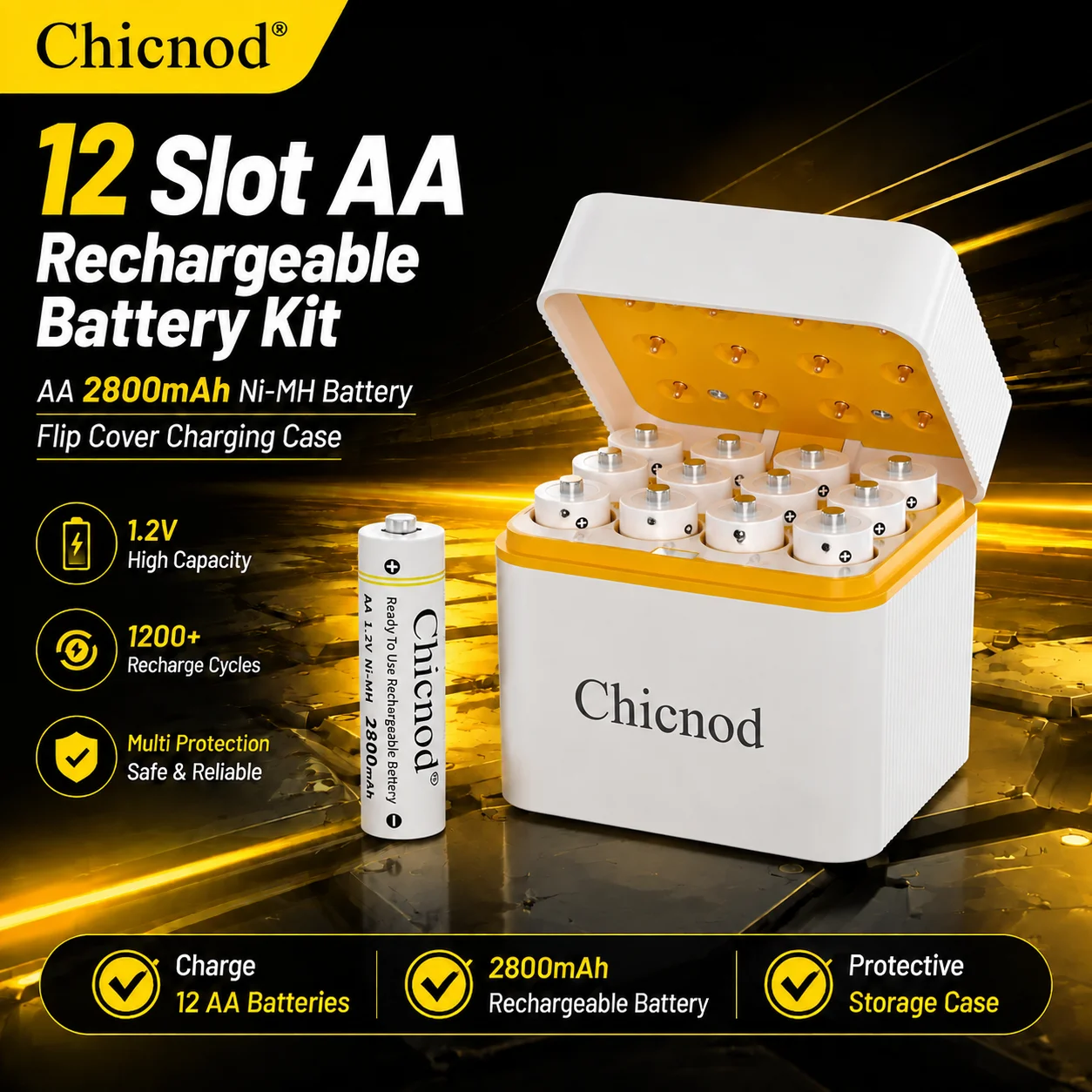 Chicnod AA Rechargeable Battery Charger Kit 4/8/12 Slot Ni-MH Battery Charger with AA 2800mAh Rechargeable Batteries Flip Cover