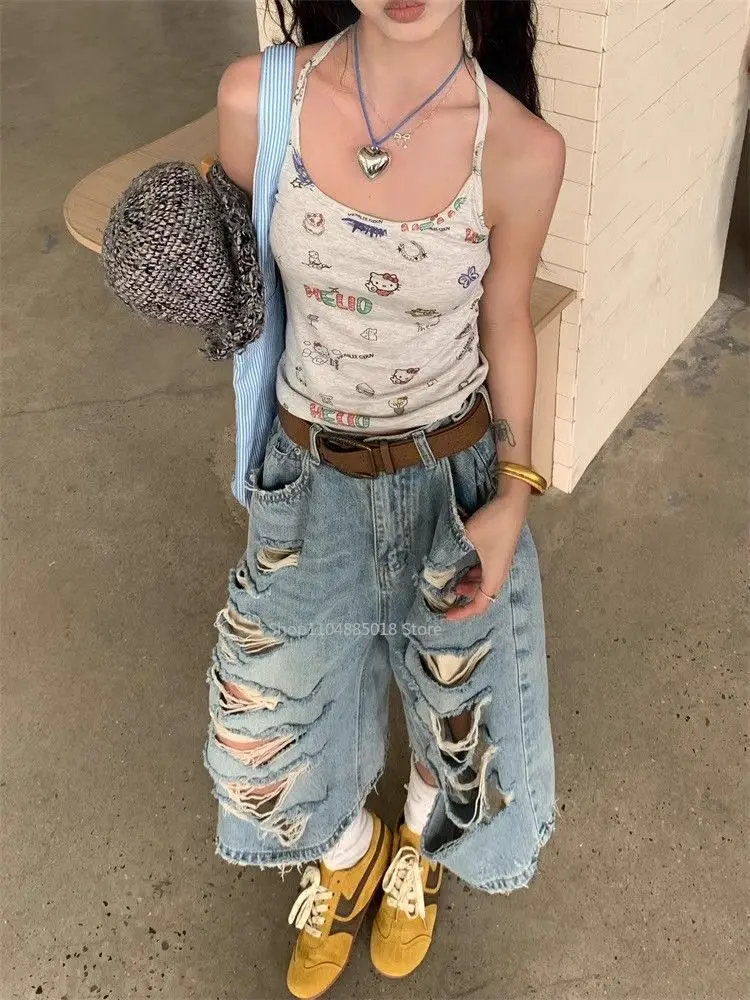 Vintage Streetwear Ripped Y2K Denim Shorts Women American Retro High Waist Baggy Wide Leg Trousers Straight Knee Length Pants