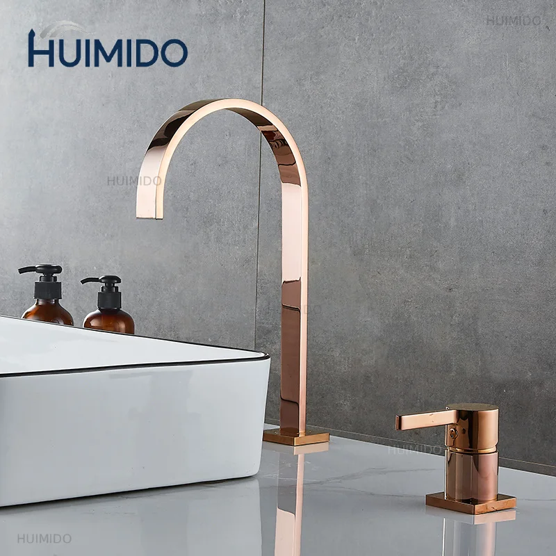 Basin faucet Bathroom super long pipe two holes Rose Gold Widespread bathroom faucet sink tap 360 rotating widespread basin Tap
