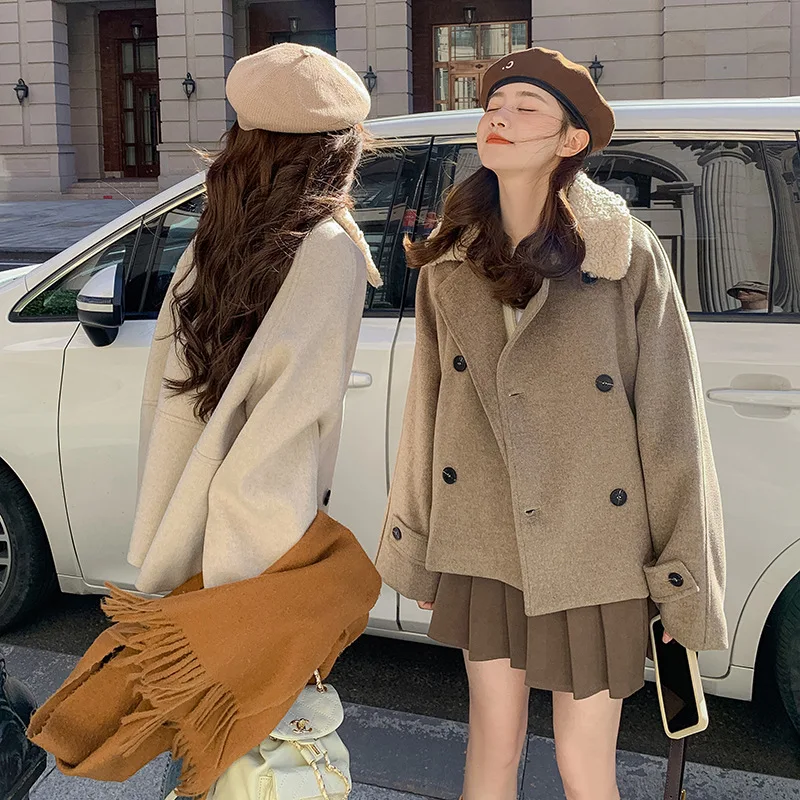 

Wholesale lamb wool collar short woolen coat women's autumn and winter small foreign style age reduction loose thickened woolen