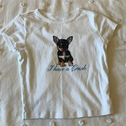 Vintage Lovely doggy Graphic 2000s Baby Tee Retro Y2k Crop Tops Aesthetic Short Sleeve Streetwear Grunge Girls summer Tops