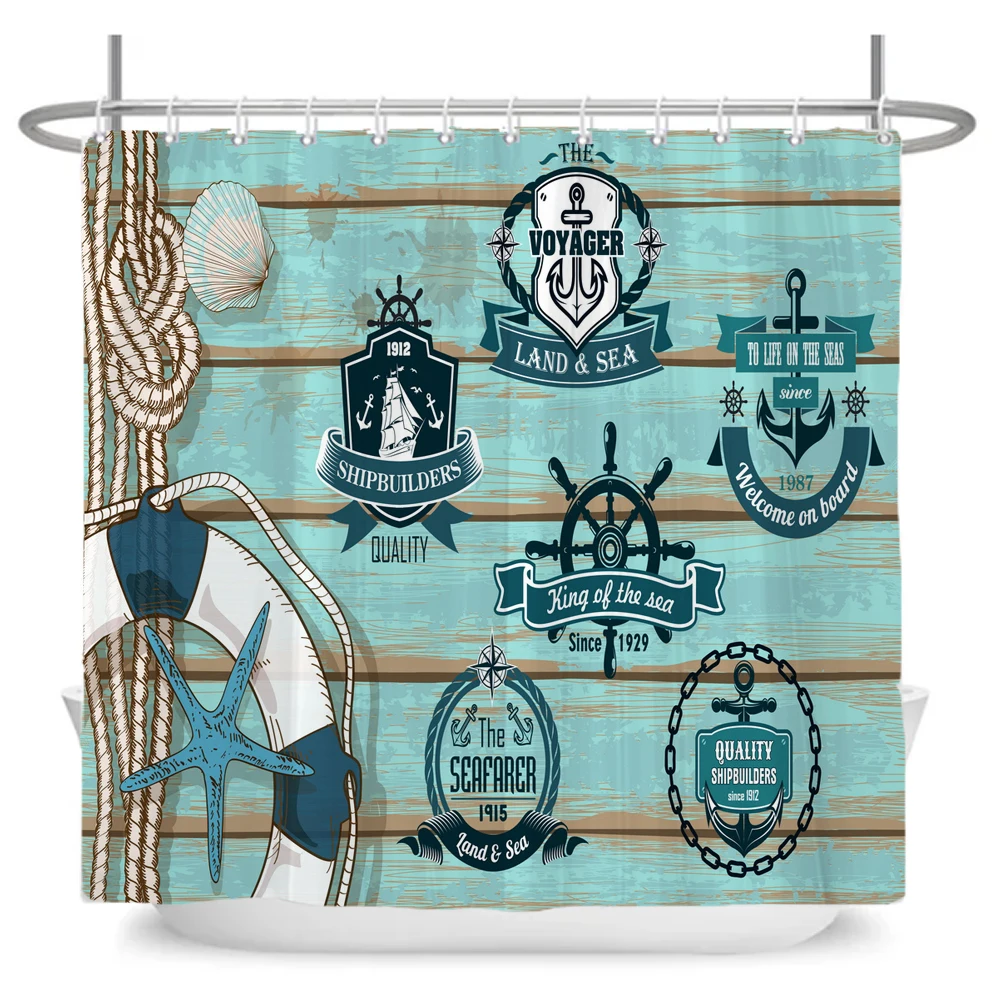 

1PC Ship Anchor Ocean style Shower Curtain with Plastic Hook - Cartoon Printed Polyester Fabric Bathroom Decoration Curtain