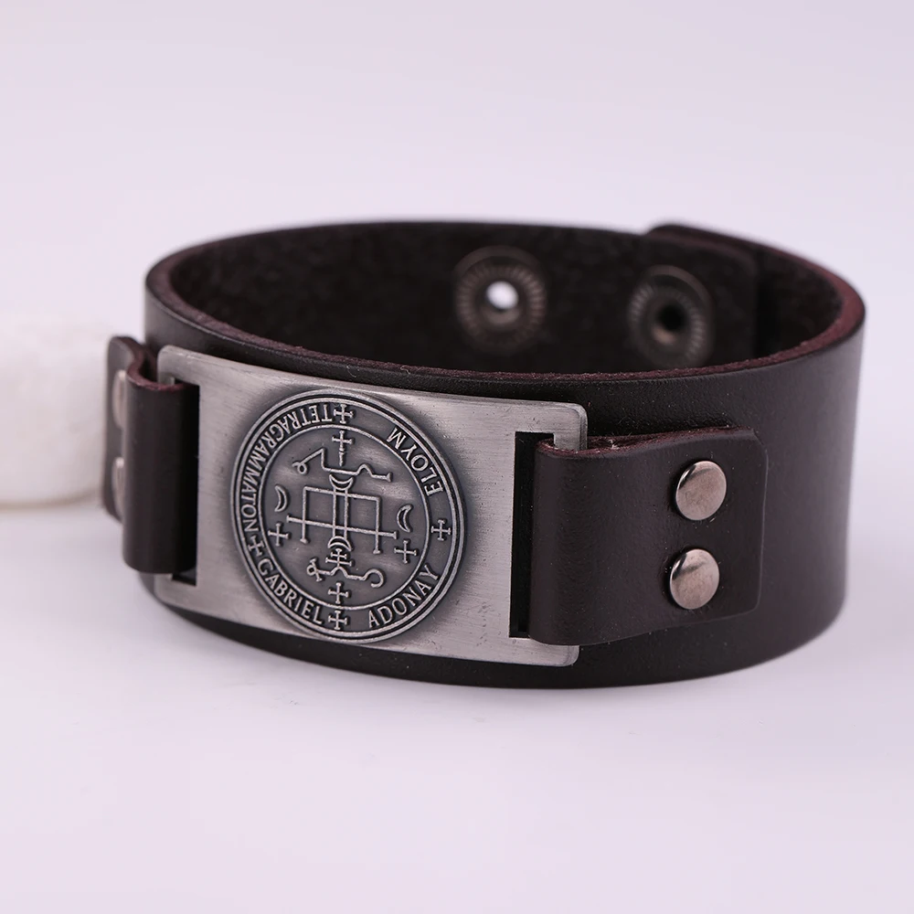 VASSAGO Seal of the Archangel Gabriel Wide Leather Bracelet Gabriel Angel Bracelet for Men Amulet Pagan Leather Jewelry