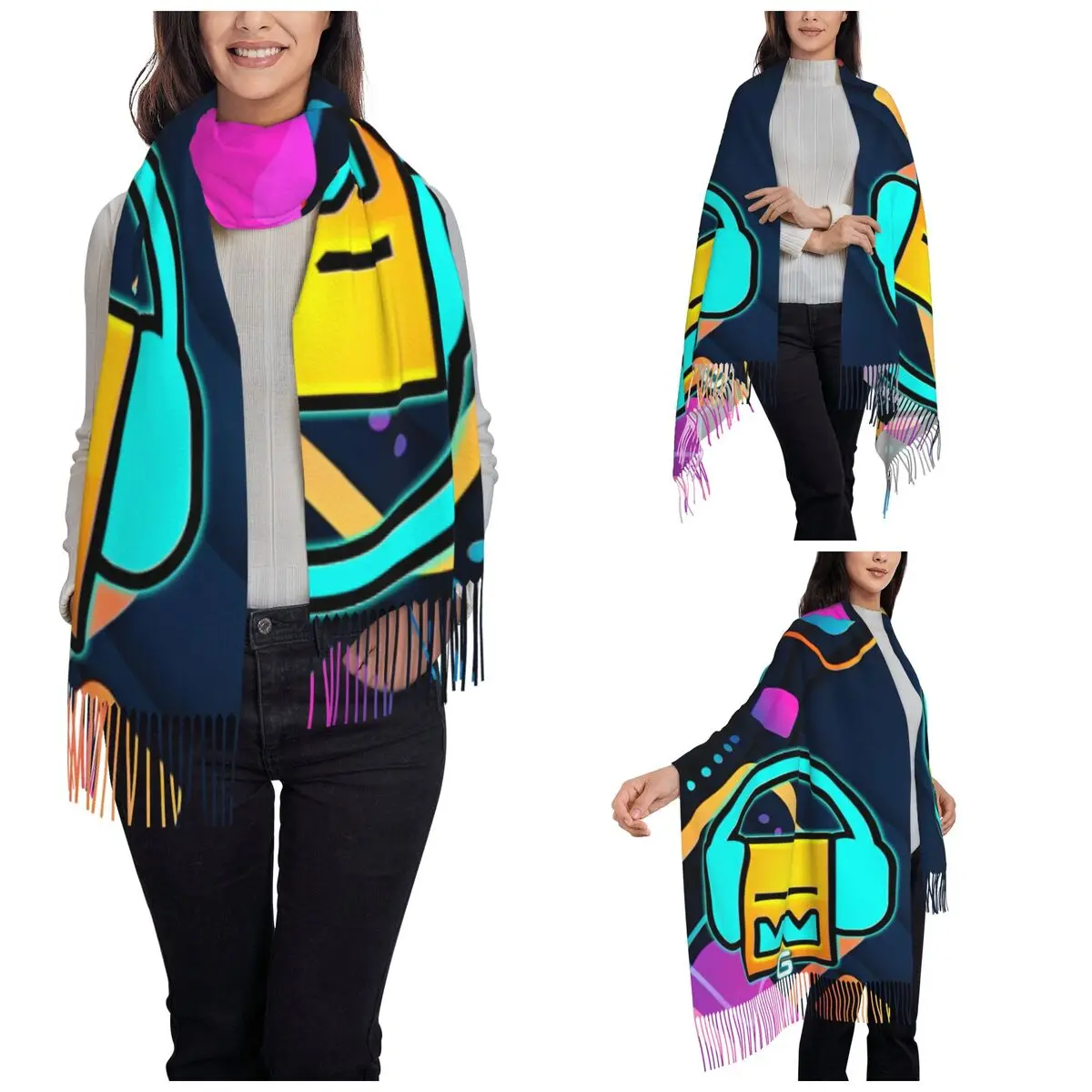 Women's Scarf with Tassel Geometry Dash Music Large Super Soft Shawl and Wrap Geometric Dash Video Game Gifts Pashmina Scarves