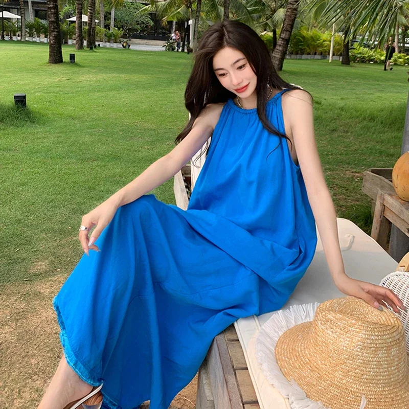 New Blue Midi Summer Women Chic Dresses with Split 2024 Simple Loose Robe Beach Vacation Casual Long Sundress French Lazy Style