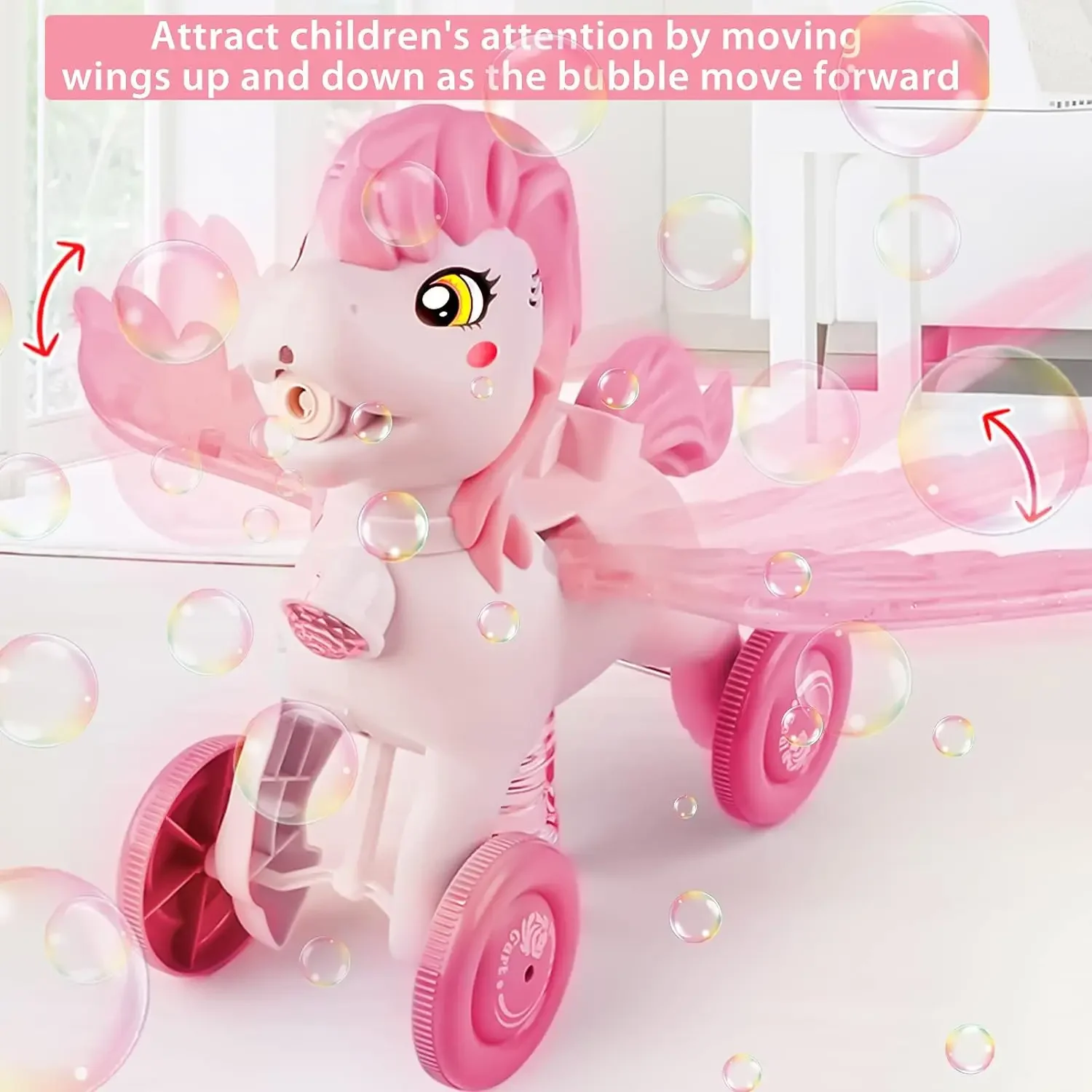 Pony Bubble Machine for Kids Automatic Bubble Lawn Mower with Light & Music Bubble Cart Outdoor Push Toys for Birthday Gift