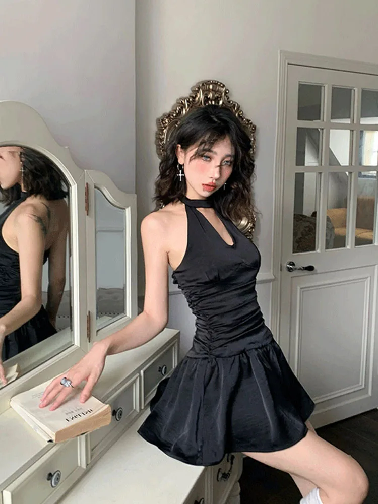 Elegant Fashion Black A-Line Dress Sexy Slim Spring Summer V-Neck  Prom Gown Part Off Shoulder Frocks Gothic Streetwear Clubwear