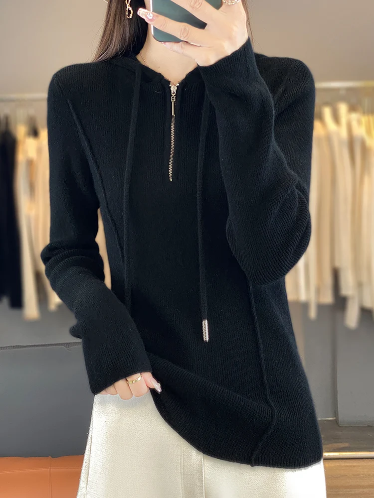 Women 100% Merino Wool Drawstring Hoodie Half Zip Slim Ribbed Knit Pullover Autumn Winter Tick Warm Casual Top Sweater