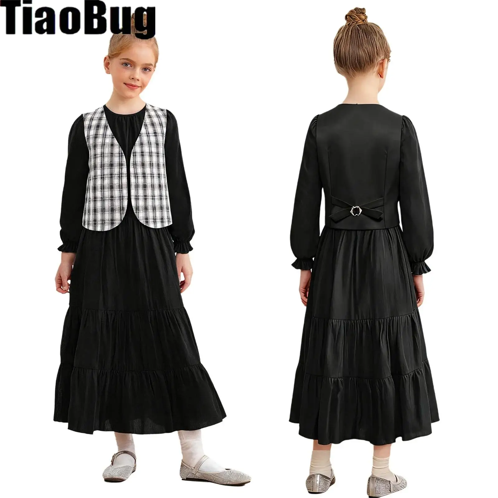 

Kids Girls Outfits Long Puff Sleeves Smocked Waist Tiered Ruffled Dress And Plaid And Checkers Vest with Adjustable Strap