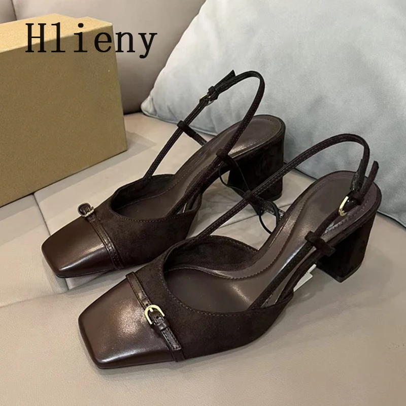 

Hlieny модные замшевые женские туфли-лодочки на массивном каблуке с пряжкой на ремне и квадратным носком, дизайнерские сандалии Muels, элегантные дизайнерские туфли на высоком каблуке
