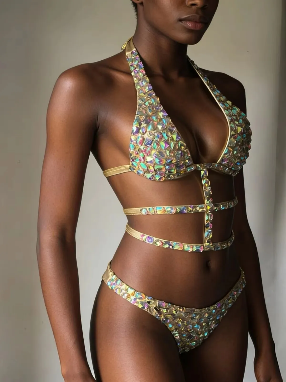 

Women's Slim Sexy Rose Rhinestones Bikini Swimsuit Crystal Accented Two-Piece Beach Holiday Vacation Party Dance Costume Set