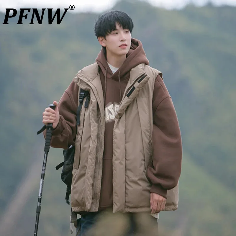 PFNW Work Cotton Vest Jacket Men's Winter Thickened Warm Sleeveless Clothes 2024 New Fashion Loose Functional Tops New 28W4875