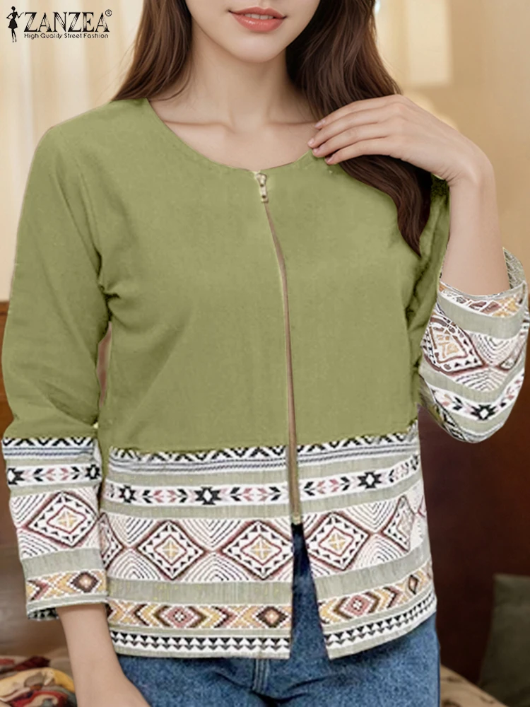 

ZANZEA Fashion Three Quarter Sleeve Tops Women Shirts Elegant Zippers Printed Blusas 2025 Patchwork Casual Loose Tunic Pullover