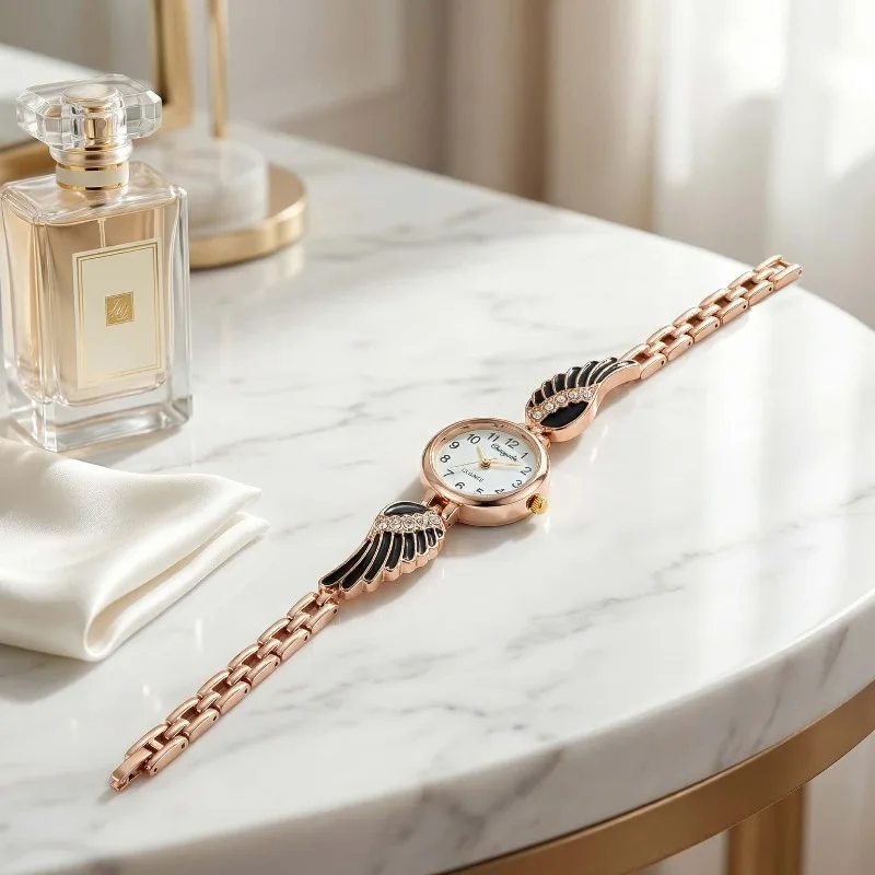 

Нишевые женские часы, модные кварцевые наручные часы с ремешком в виде крыльев ангела и стразами, модные изысканные женские часы, подарок