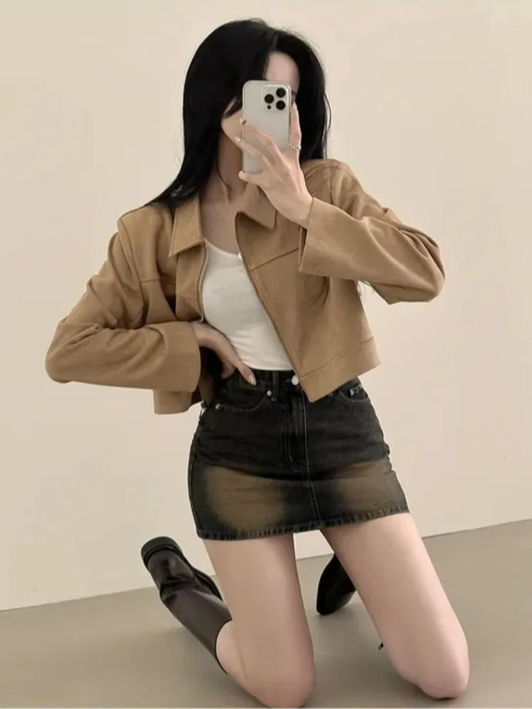 

Faionable ort Leather Velvet Jaet Women's Zipper Outerwear Chic Design Sensation Small Cro Commute Sle Spring Autum...