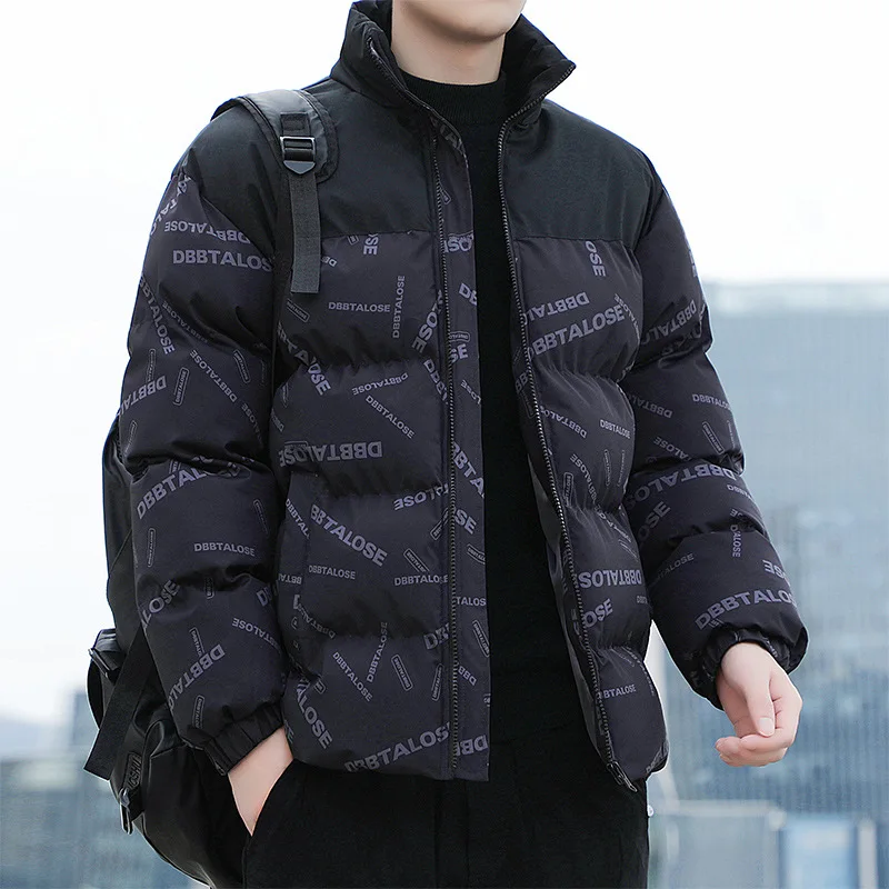 2023 New Winter Thicken Warm Down Cotton Coat Fashion Casual Splice Loose Bread Jacket Cardigan Print Male Outerwear