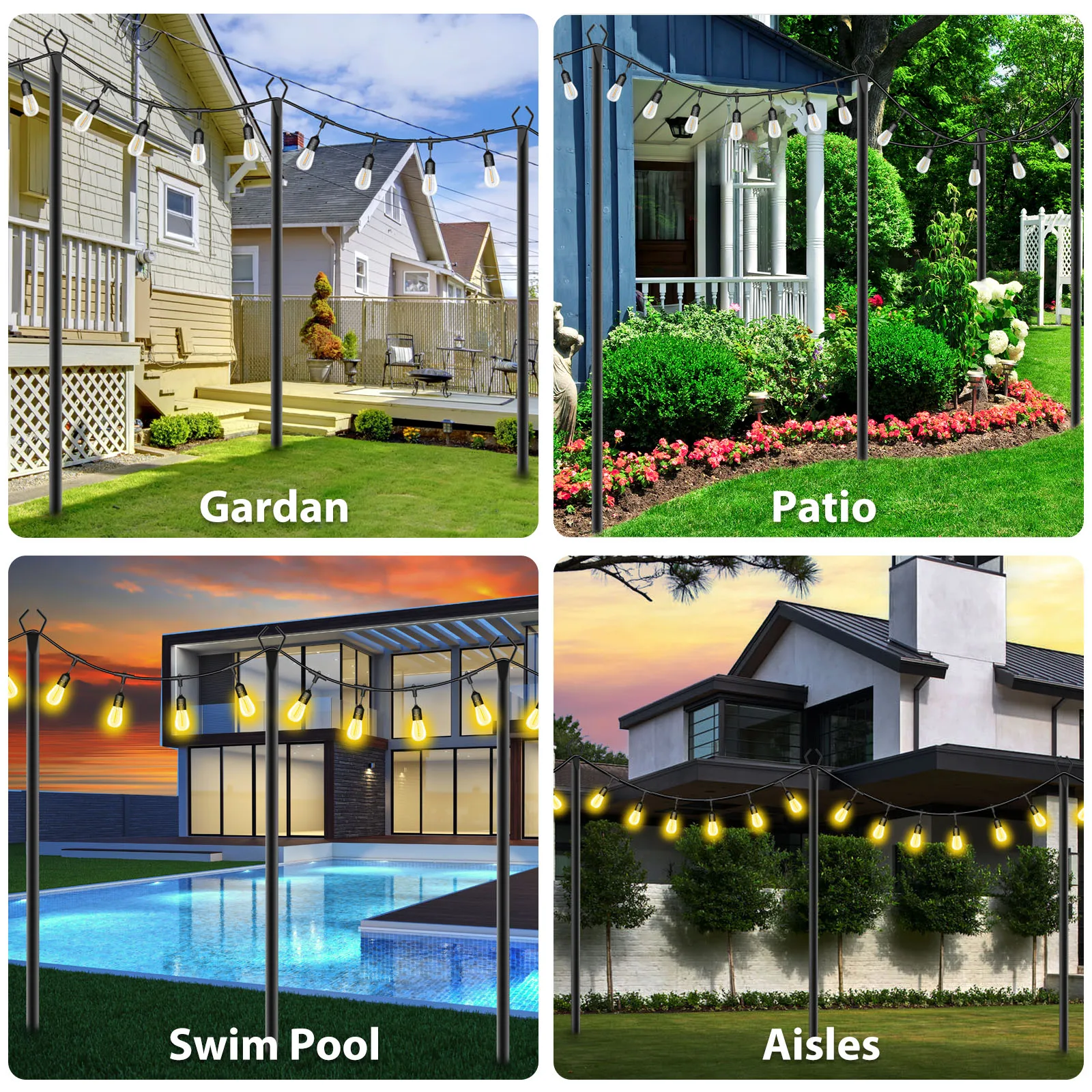4 Pack String Light Poles 11.1FT, 4forks Outdoor Metal Light Stand for Patio, Deck, Backyard & Garden, Rustproof Heavy Duty Poles for Summer Parties, Weddings, Christmas & All Season Decor, No Tools