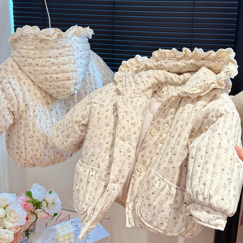 Baby Girls Winter Jackets Kids Thickened Hooded Cardigan Coats Children's Three-Layer Padded Clothing Toddler Floral Warm Parka