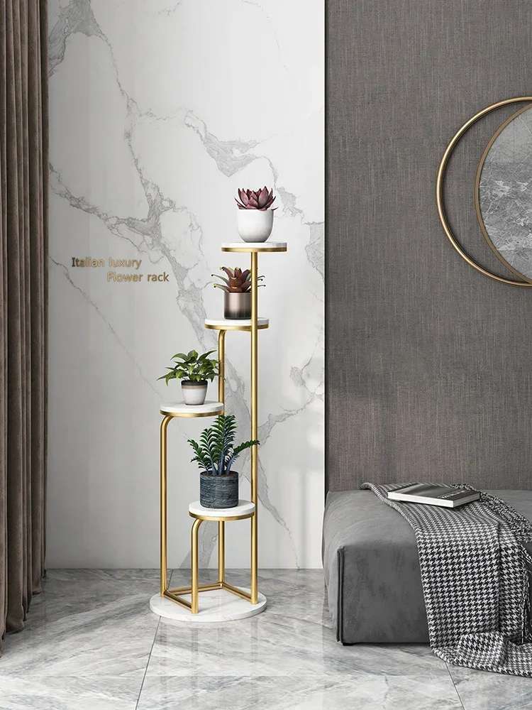 racks, light luxury, Nordic minimalist modern living room, multi-layer flower tables, balcony, floor to ceiling marble storage