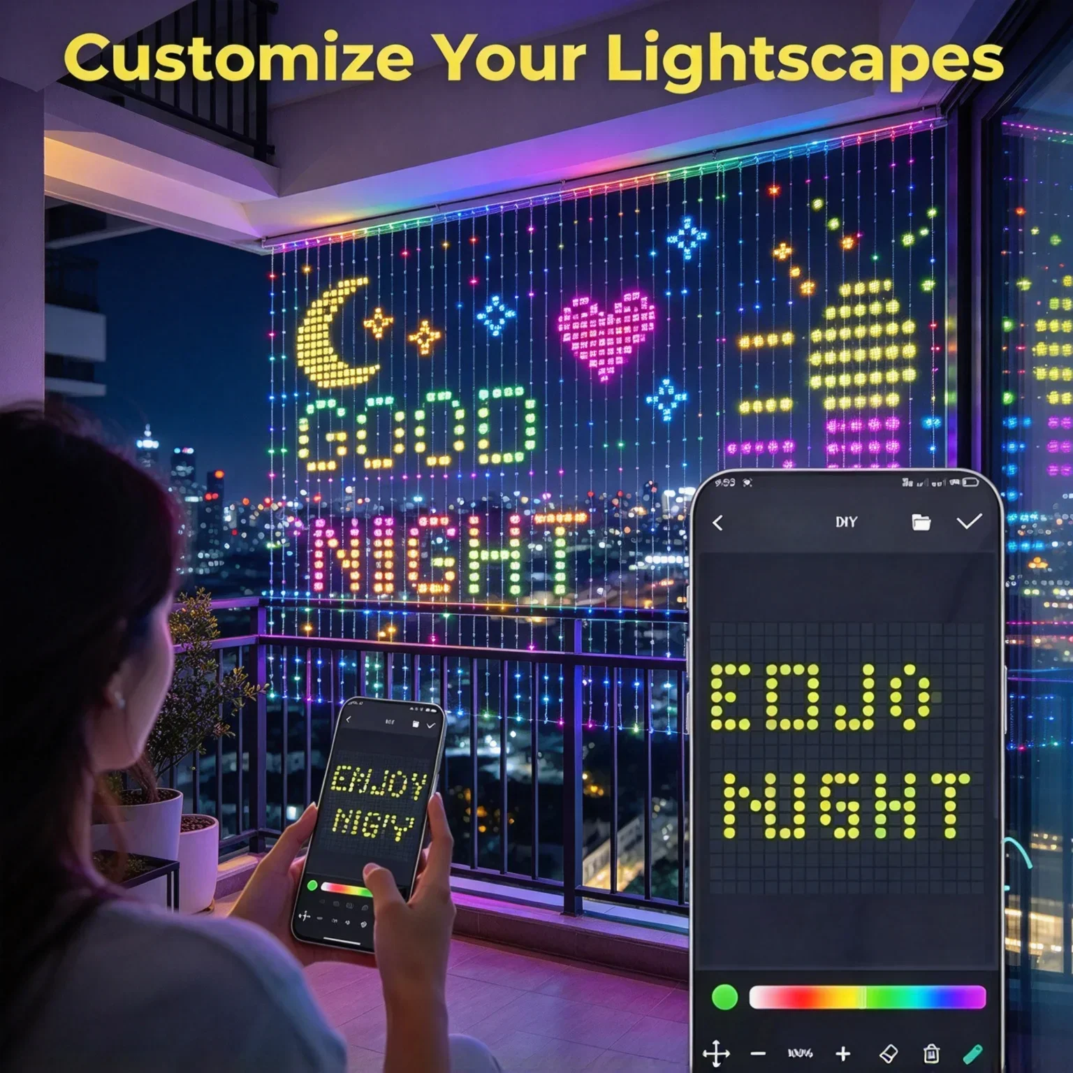 ledクリスマスカーテンライト、ホリデーフェアリーランプ。アプリで操作可能、音楽に合わせて点灯、diyでパターンを変更可能。屋内・屋外でのパーティー、お祭り、家庭の装飾に最適。