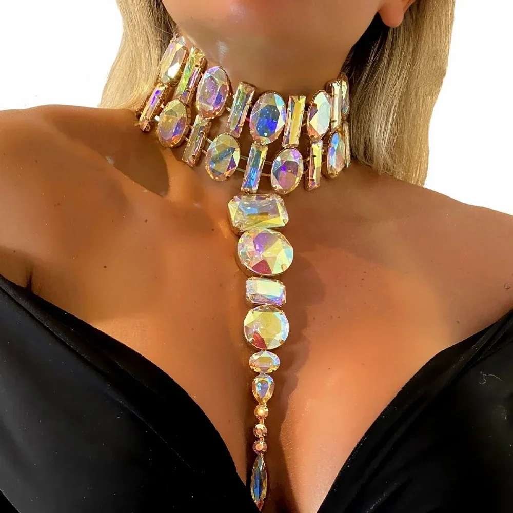 Stonefans Exaggerated Y Shape Necklace Large Choker Jewelry for Women Queen Crystal Double Layer Necklace Oversize Accessories