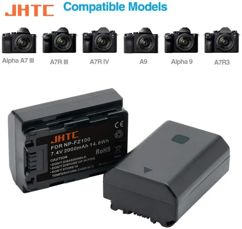 JHTC 2000mAh Battery NP-FZ100 NP FZ100 For Sony A9 A9R 9R Alpha9 A7R III A7 III Fully ILCE-7RM3 BC-QZ1 FZ100 Batteries Charger