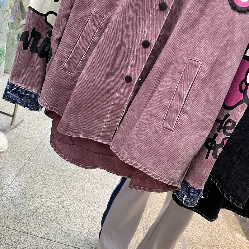 2025 Autumn New Loose Mid-Length Striped Cotton Top Cartoon Long Sleeves Single-breasted Shirt Ladies Y2k Kawaii Clothes Coat