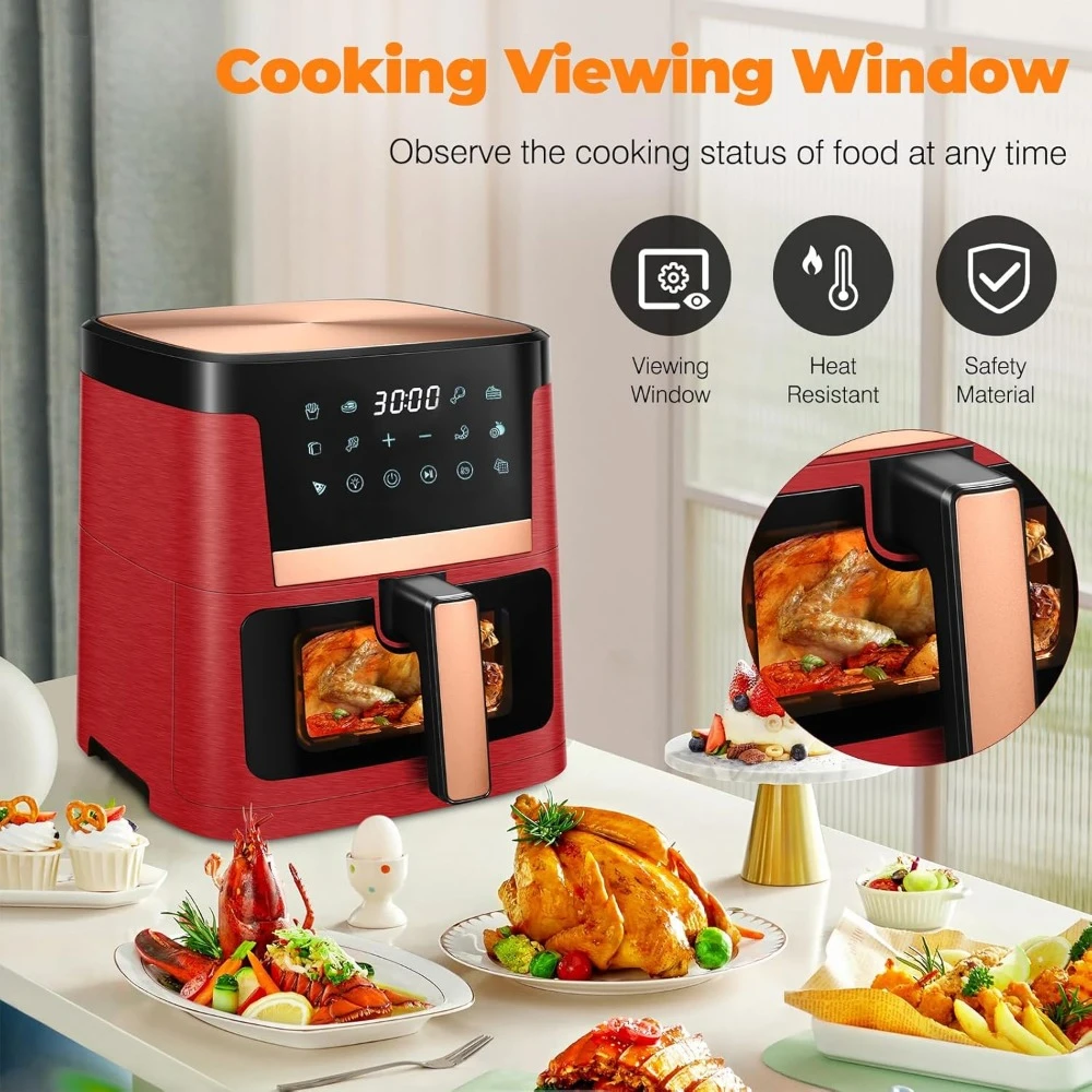 Air Fryer com janela de cozimento visível, tela sensível ao toque LCD, fogão Oilless, 7,5 QT, 12 Presets, 1700W