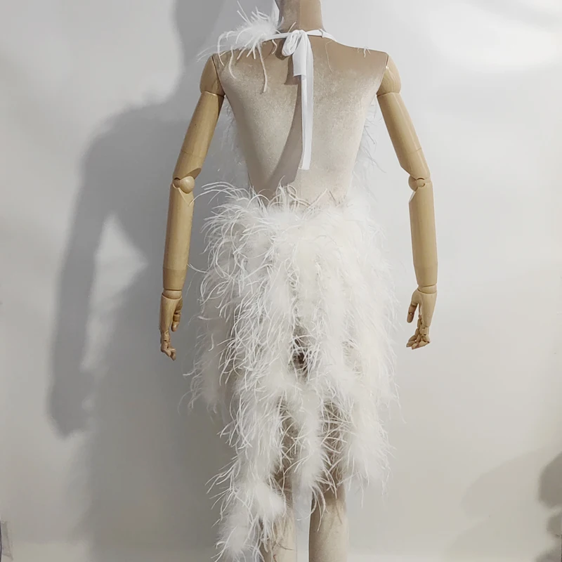 Neuestes Design eines Kleides aus 100% natürlichen Straußenfedern, mehrfach geschwungenes Design, durchsichtiges rückenfreies Kleid, sexy Damenkleid. – Detail 9