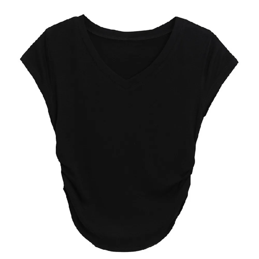 

Korean Style Pleated Short Sleeve T-shirt Slim Fit Chic Y2K Crop Top Women Bottoming Shirt Simple V-neck Tees Top Streetwear