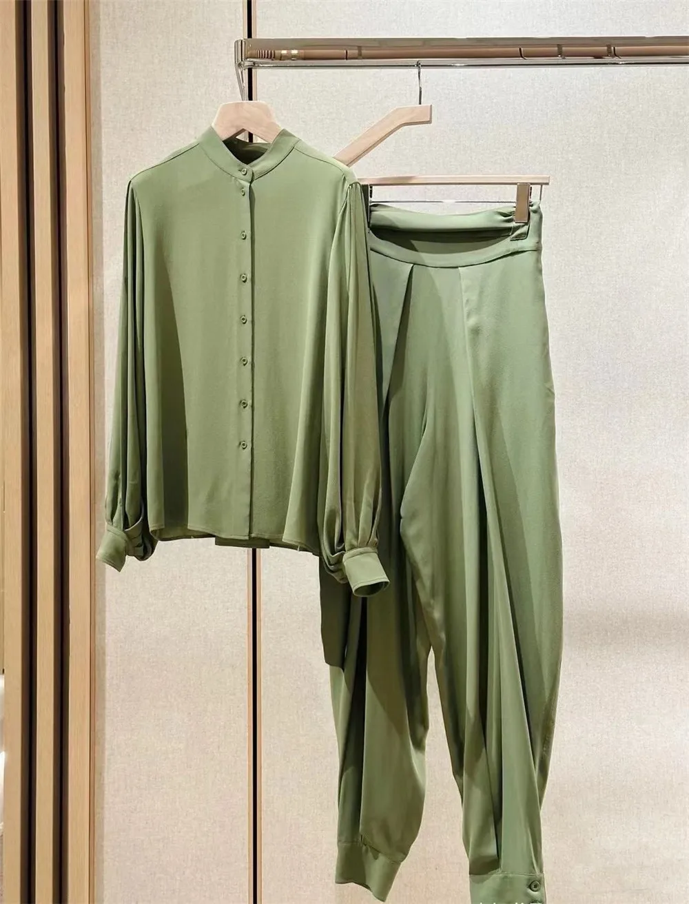 L*P Silk Set Long Sleeve Shirt +Lantern Pants 2 Piece Set Woman Clothing